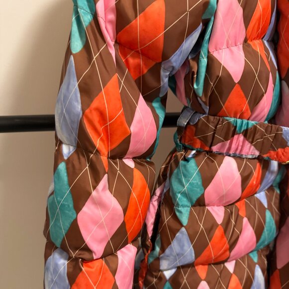 Rachel Antonoff Pink Brown & Orange Argyle Belted Puffer Jacket S - Picture 8 of 14